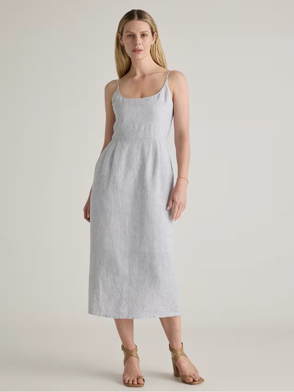 Quince 100% European Linen Scoop Neck Midi Dress – Blue Pinstripe | M